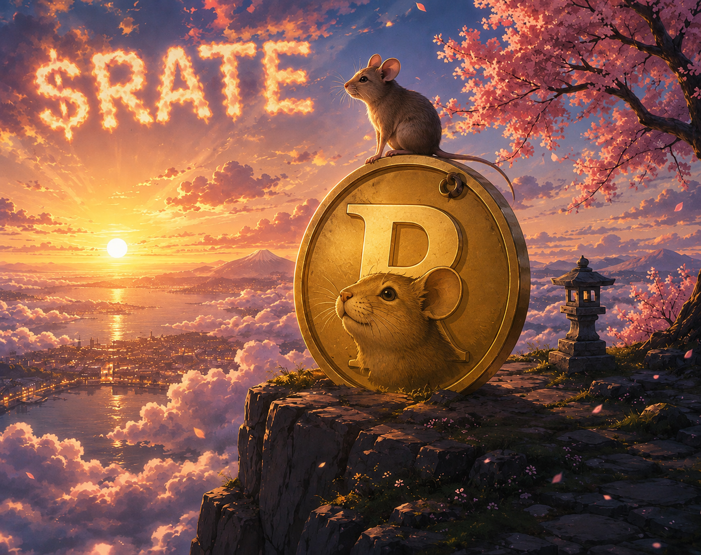 $RATE golden rat coin overlooking a glowing sunrise valley
